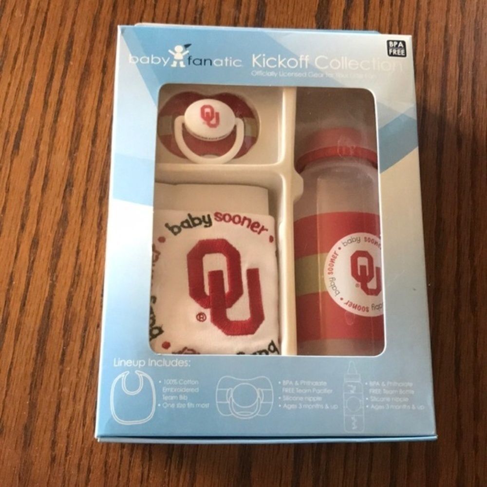 Oklahoma Sooners NCAA Baby Gift Set Bib Bottle Pacifier Infant Fan Gear